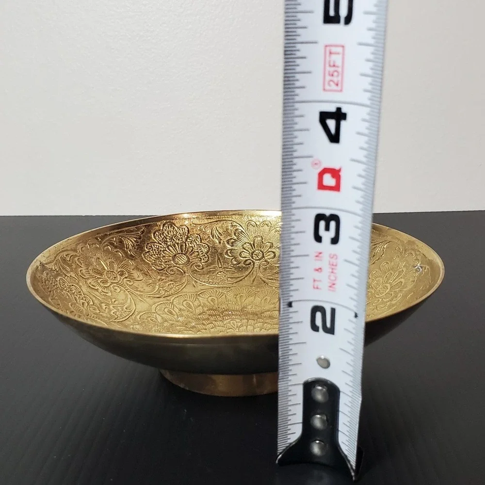 Vintage brass bowl, small, etched floral peacock design, 5.75